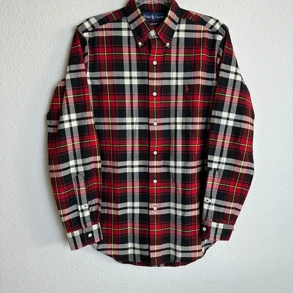 Vintage 90s Ralph Lauren Mens S Classic Fit Plaid Button Down Shirt Red PONY - Picture 2 of 7